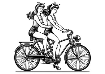 Fototapeta premium twin vintage pin-up girls riding tandem bicycle, matching outfits and hairstyles sketch engraving generative ai fictional character PNG illustration. Scratch board imitation. Black and white image