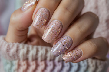 Elegant brown glitter nail art on female hand with soft pastel sweater for chic style