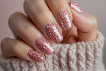 A hand of woman with a red and white nail polish with glitter on it. The hand in a sweater