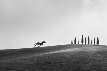 horse running free in the hills of the Crete Senesi in Tuscany, Italy, freedom, minimalist image, strength