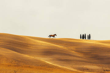 horse running free in the hills of the Crete Senesi in Tuscany, Italy, freedom, minimalist image, strength