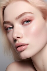 A woman with light blonde hair in fashion make up in pink and peach tones