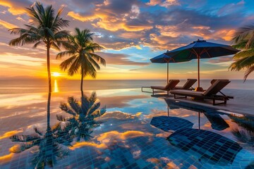 Naklejka premium Infinity pool with beach benches at sunset and palm tree, leisure , vacation, traveling