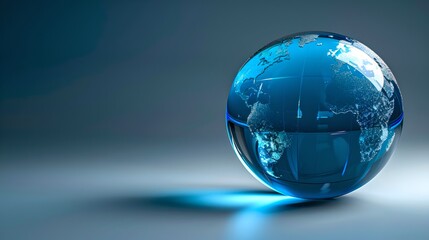 Glowing Blue Glass Globe on a Reflective Surface. Modern, Minimalistic Design Element. Conceptual Representation of Globalization and Connectivity. AI