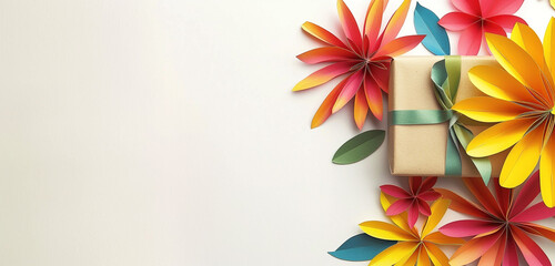 Vibrant paper-cut petals near a wrapped gift, against a clean white backdrop, inviting tributes to moms worldwide.