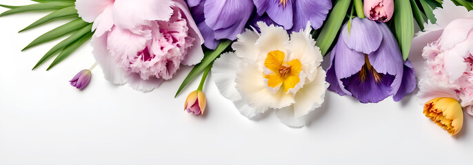 Summer floral  banner with peony and tulips. Purple, white, pink spring flowers on white background, copy space, view from above, flat lay.   garden wedding romance concept