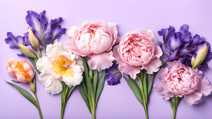 Fototapeta premium Bouquet of pink peony. Spring flowers on purple background. Banner for sites, greeting card and design