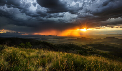 panoramic view of the sky at sunset, with dark storm clouds rolling in from behind and golden rays peeking through them
