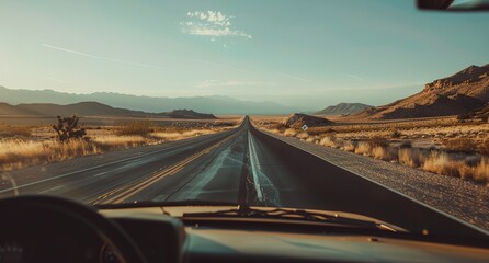 a view of a road from a vehicle in the desert with mountains in the background and a blue sky..