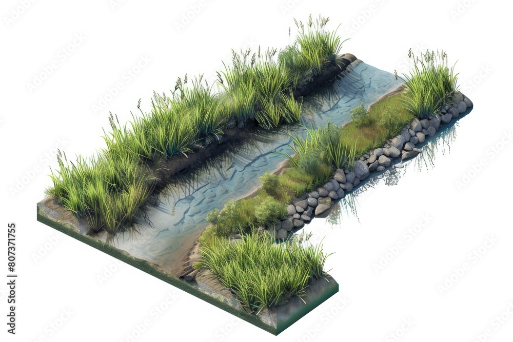 Poster A small stream running through a vibrant green field. Suitable for nature and landscape concepts