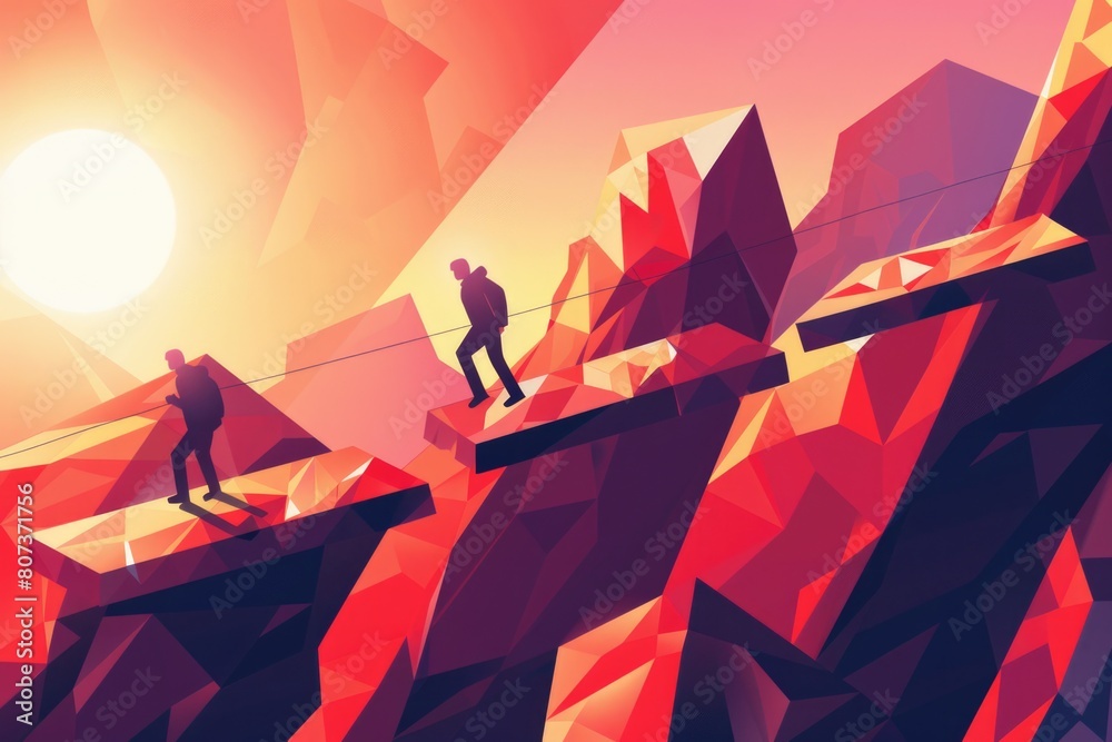 Poster a couple of people enjoying the view from a mountain top. perfect for travel and adventure concepts