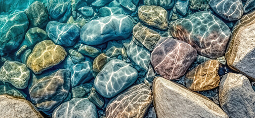 Smooth Rocks and Light Reflections Underwater, Textured Background of River Stones. Texture/Background Concept. Smooth Rocks on a Sunny Riverbed.