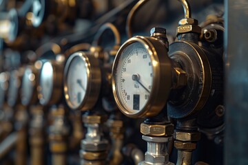 Close-up of various gauges mounted on a wall. Suitable for industrial concepts