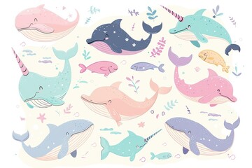 Cute cartoon whales swimming with other sea creatures. Perfect for educational materials