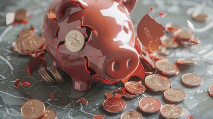 Broken piggy bank on top of coins, finance concept