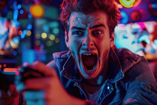 A man looking excited while holding a video game controller. Perfect for gaming enthusiasts