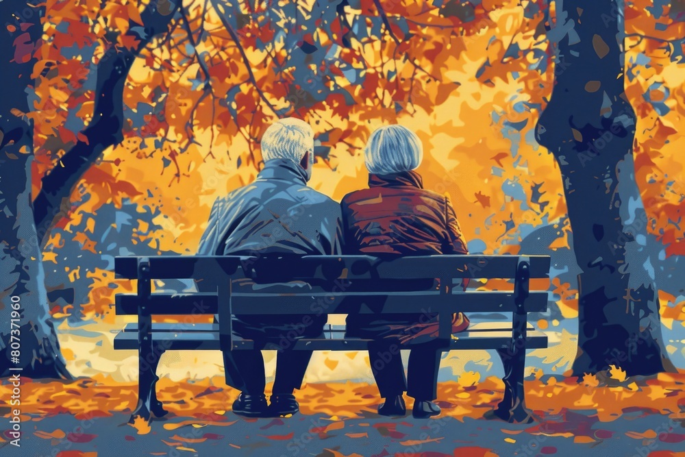 Poster a painting of two people sitting on a bench. suitable for various design projects