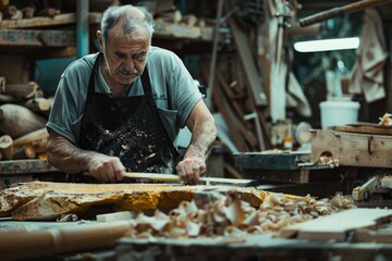 A man working on a piece of wood in a woodworking shop. Ideal for carpentry or DIY projects