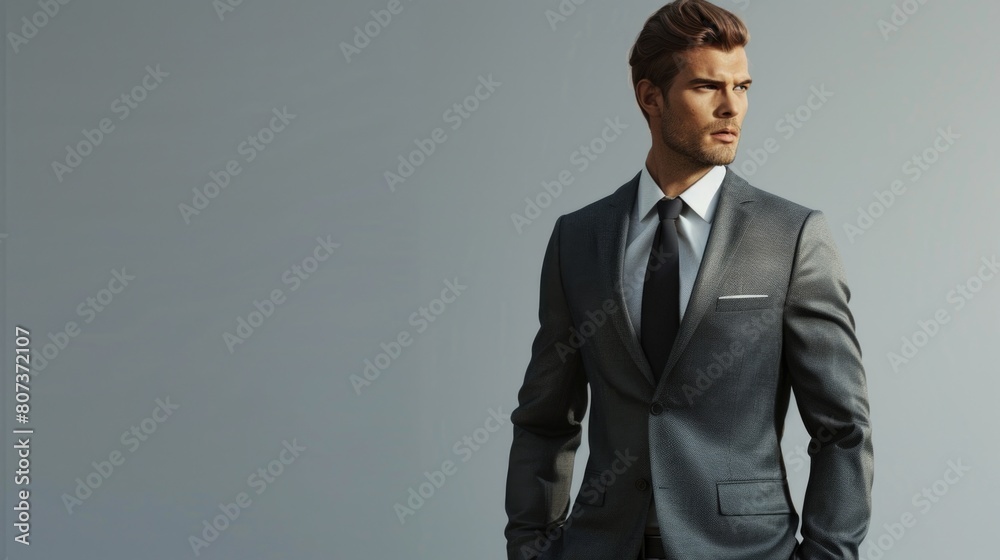 Poster a man in a suit and tie posing for a picture. suitable for business and corporate concepts