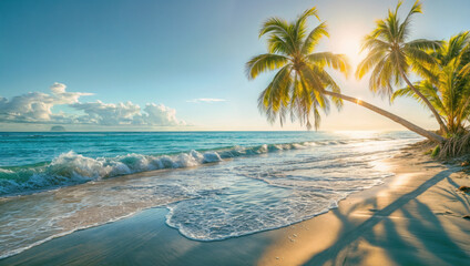 Tropical beach with palm trees sunset, paradise. Exotic scenery sand, sea, and idyllic nature. Relaxation, travel, ocean and evening sun.