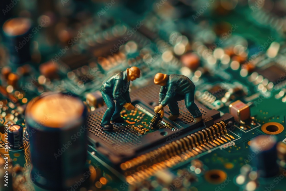 Poster miniature figurines working on electronic circuit, suitable for technology concepts