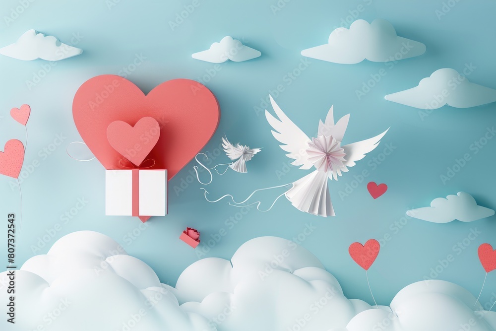 Aufkleber paper cut of a heart shaped box with wings and a ladybug in the sky. ideal for romantic and whimsica