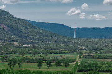 Smokestack or chimney of coal powerplant in Plomin, Croatia in the istrian region. Chimney...