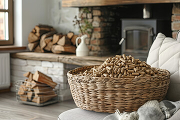 Basket with pellets and firewood near mantelpiece in living room
