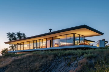 Sleek and modern home design perched atop a hill, with expansive glass walls offering panoramic views
