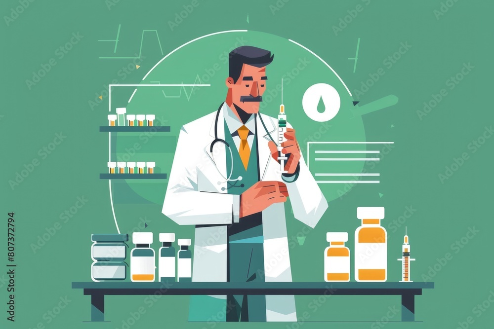 Poster a man in a lab coat holding a syringe. suitable for medical and science concepts
