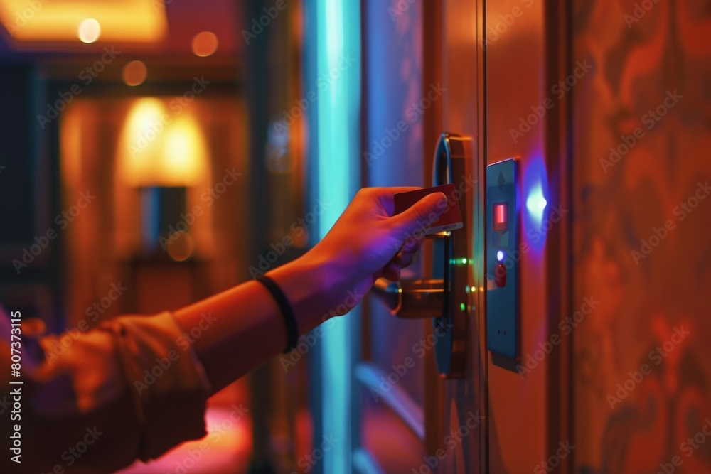Poster A person pressing a button on a door. Suitable for illustrating technology or security concepts