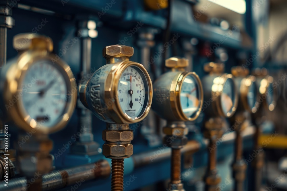Poster a row of pressure gauges mounted on a wall. ideal for industrial and engineering concepts