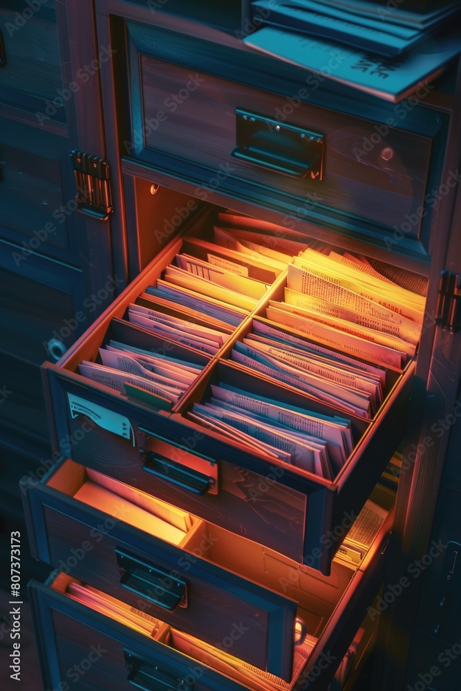 Poster a laptop placed on top of a drawer filled with files. suitable for office or business concepts