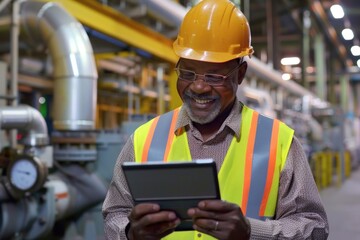 A man in a hard hat holding a tablet. Suitable for construction industry projects