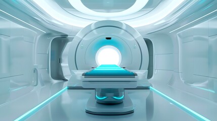 Futuristic MRI Scanner in a Modern Clinic Facility. High-Tech Medical Equipment. Healthcare and Diagnosis Concept. Advanced Technology in the Hospital. Bright, Clean Space. AI
