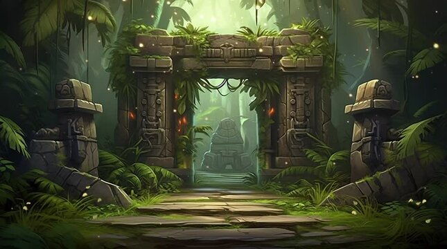 Gate to Tribe Valley. EAncient gate nestled within the jungle, leading to a tribal village hidden amidst the wilderness.
Seamless looping 4k time-lapse virtual video animation background. Generated AI