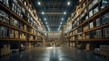 A wideangle view of an industrial warehouse with rows and rows of pallets filled with boxes