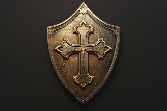 A metal shield with a cross symbol. Suitable for historical, religious, or medieval-themed projects