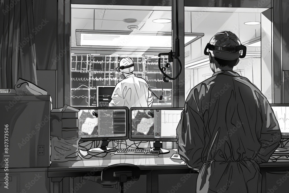Poster A man standing in front of a computer screen, suitable for technology concepts