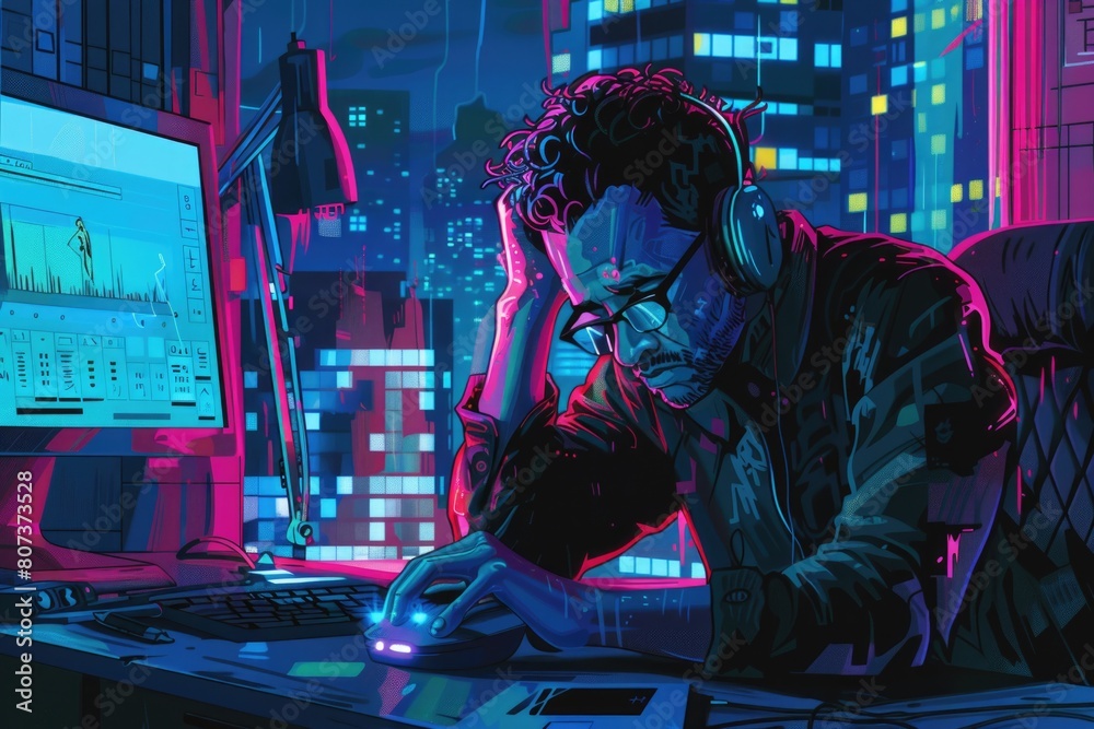 Aufkleber A man sitting at a desk in front of a computer. Perfect for business and technology concepts