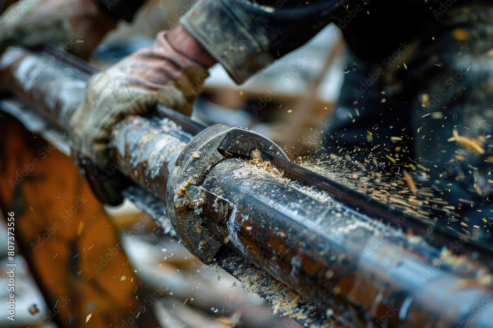 Aufkleber a man using a hammer to work on a pipe. suitable for industrial concepts