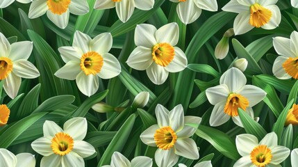 Fototapeta premium Beautiful white and yellow flowers with vibrant green leaves, perfect for various design projects