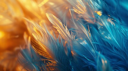 Fototapeta premium Soft and fluffy background, bird feathers, blue and gold feathers.