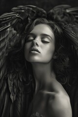 A woman with wings in a black and white photo. Suitable for fantasy and angelic themes
