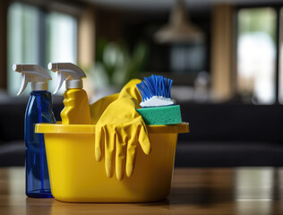 Cleaning products on wooden table, cleaning services, blurred background, close-up, space for text