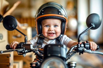 A baby is sitting on a motorcycle with a helmet on