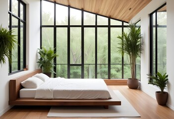 A minimalist and cozy bedroom with a wooden platform bed, natural decor elements like plants and branches, and a large window providing natural light
