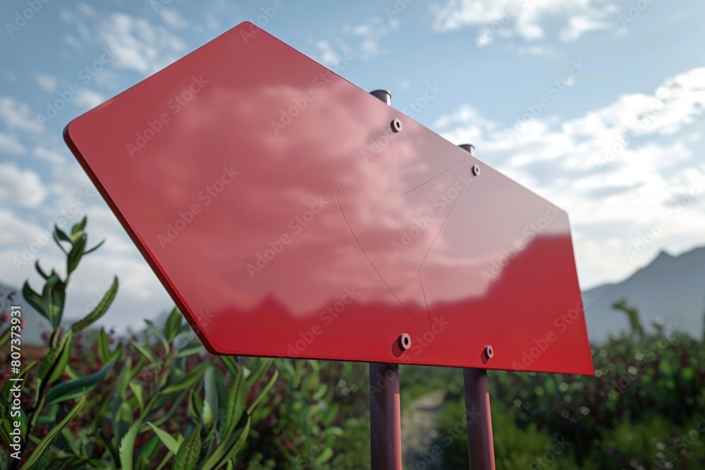 Poster a red stop sign placed on a vibrant green field. suitable for traffic safety concepts