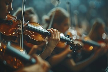 Professional symphonic orchestra performing classical music concert with talented musicians