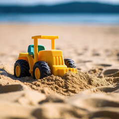 Yellow toy tractor on blurred background, close-up, space for text
